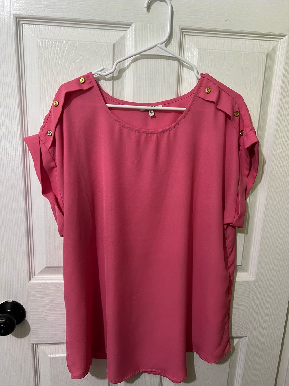 Bright Pink Short-Sleeve Blouse with Gold Shoulder Buttons